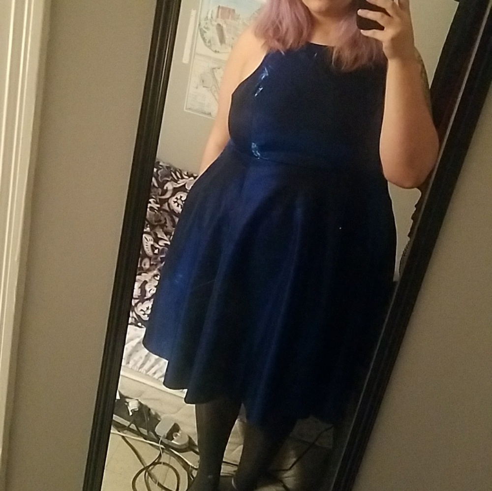 Torrid SO Blue Irredescent High Neck Skater Dress